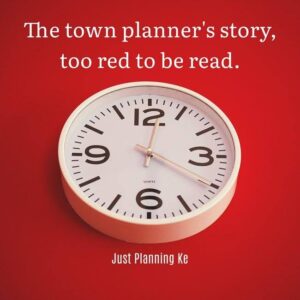 image of clock with text: the town planner's story, too red to be read